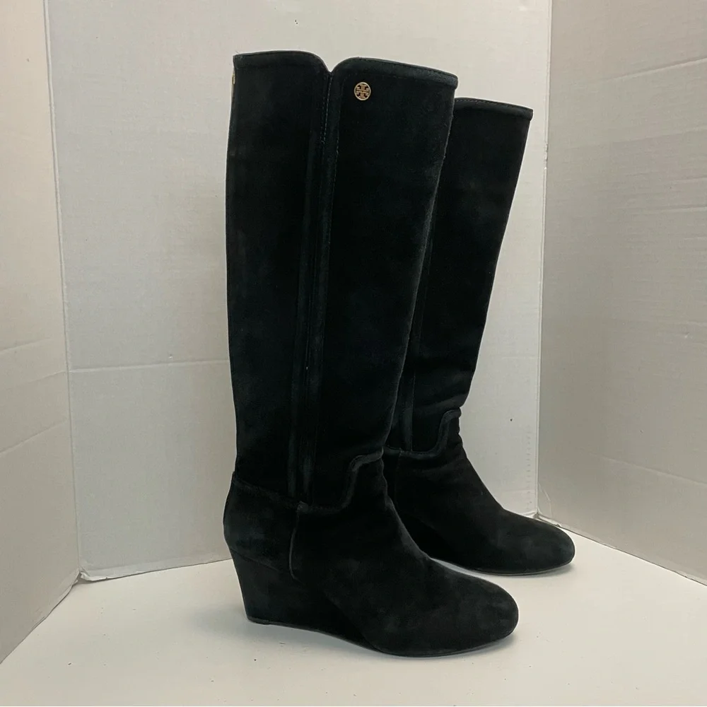 Tory Burch Boots Irene Wedge Tall Softy Suede Leather Logo Black
